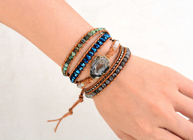 Leather Bracelets Natural Stones Crystals Gilded