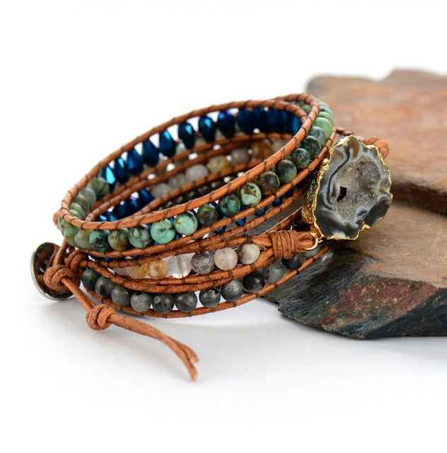 Leather Bracelets Natural Stones Crystals Gilded