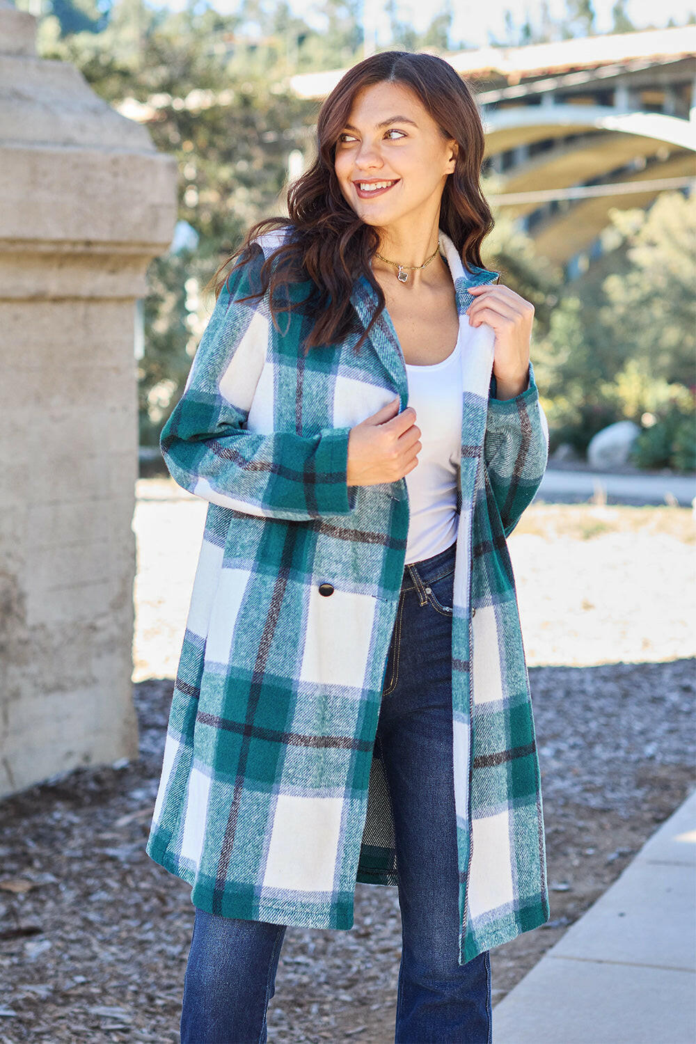 Double Take Plaid Button Up Lapel Collar Coat.