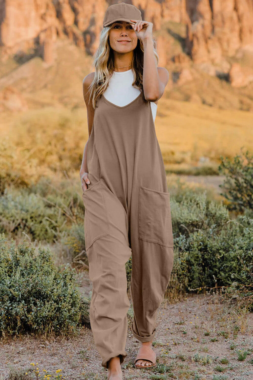 V-Neck Sleeveless Jumpsuit with Pockets.