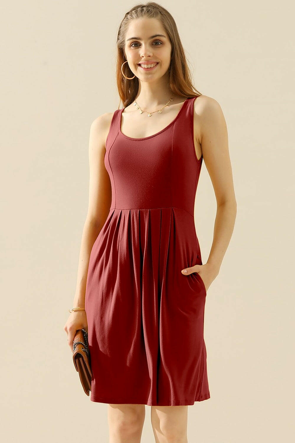 Round Neck Rouched Sleeveless Dress with Pockets.