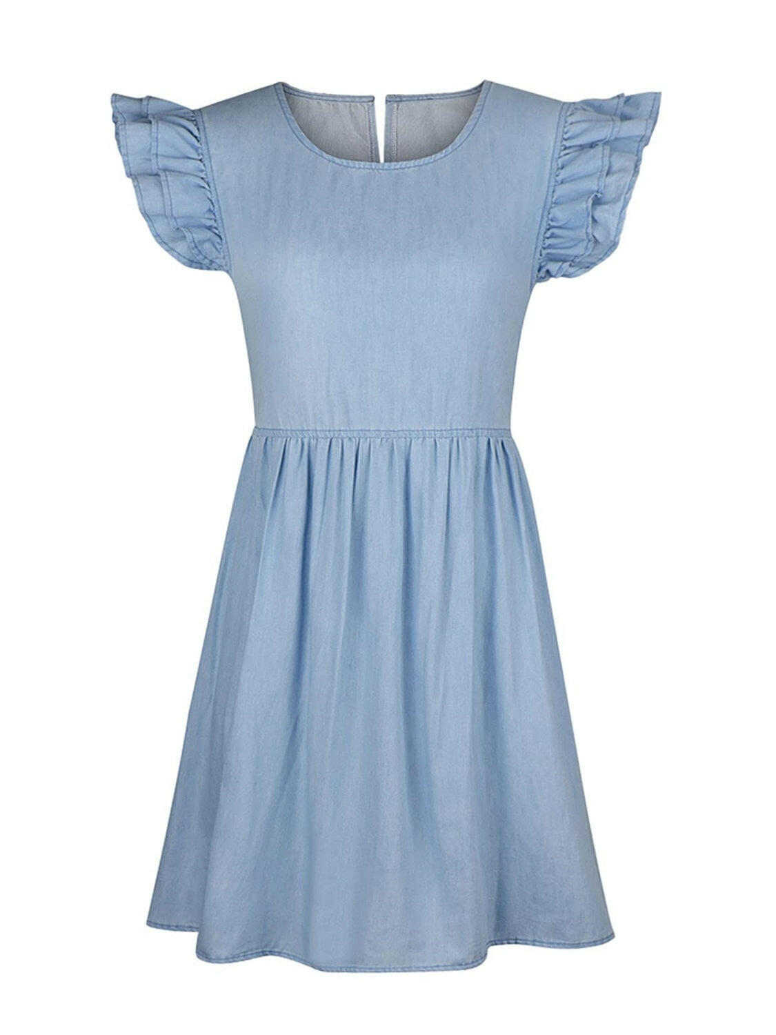 Full Size Ruffled Round Neck Cap Sleeve Denim Dress.