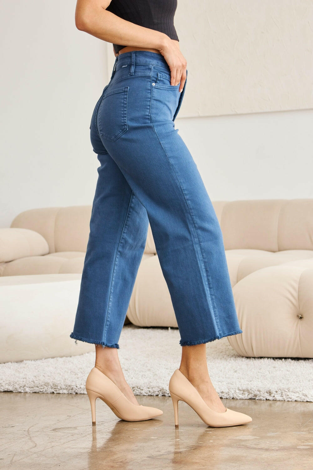 RFM Crop Chloe Full Size Tummy Control High Waist Raw Hem Jeans.