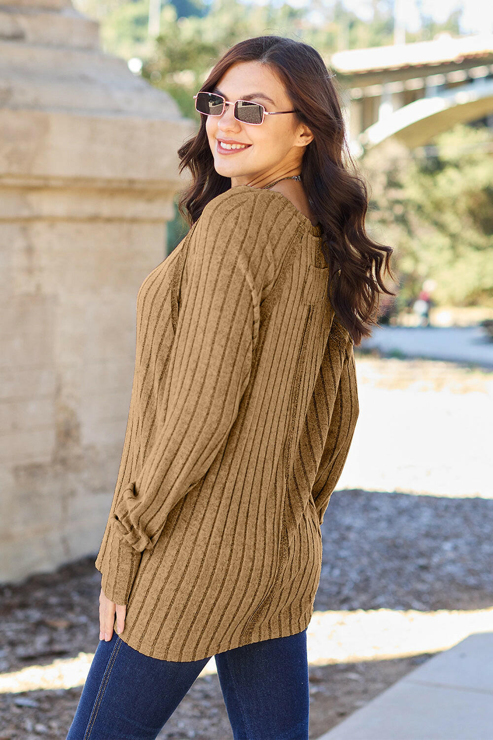 Basic Bae Full Size Ribbed Round Neck Long Sleeve Knit Top.