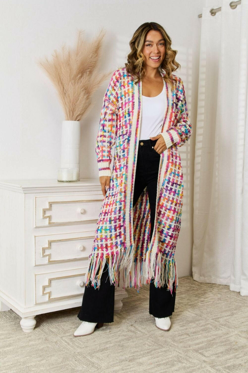 Angel Wings Multicolored Open Front Fringe Hem Cardigan.