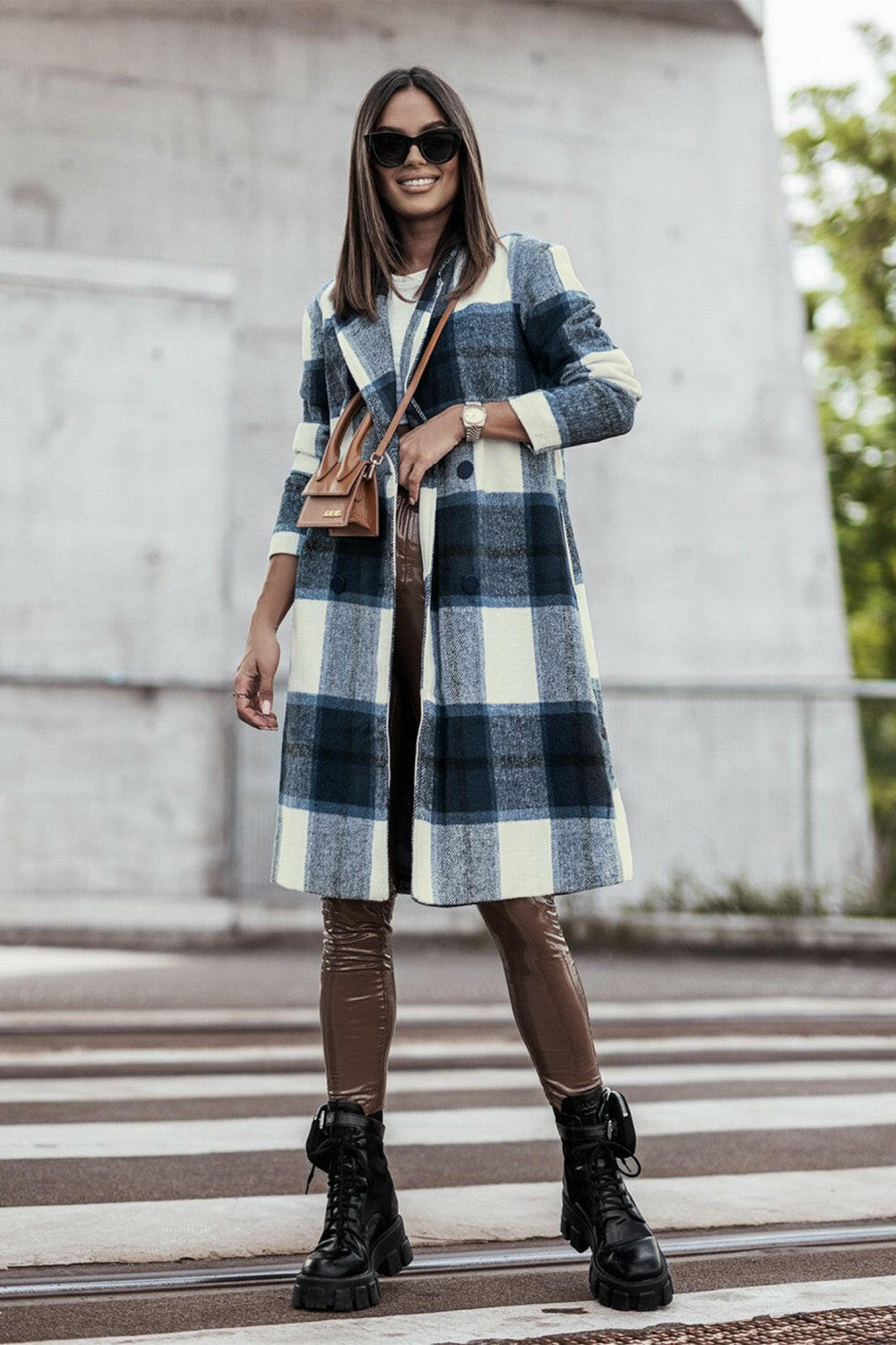 Double Take Plaid Button Up Lapel Collar Coat.