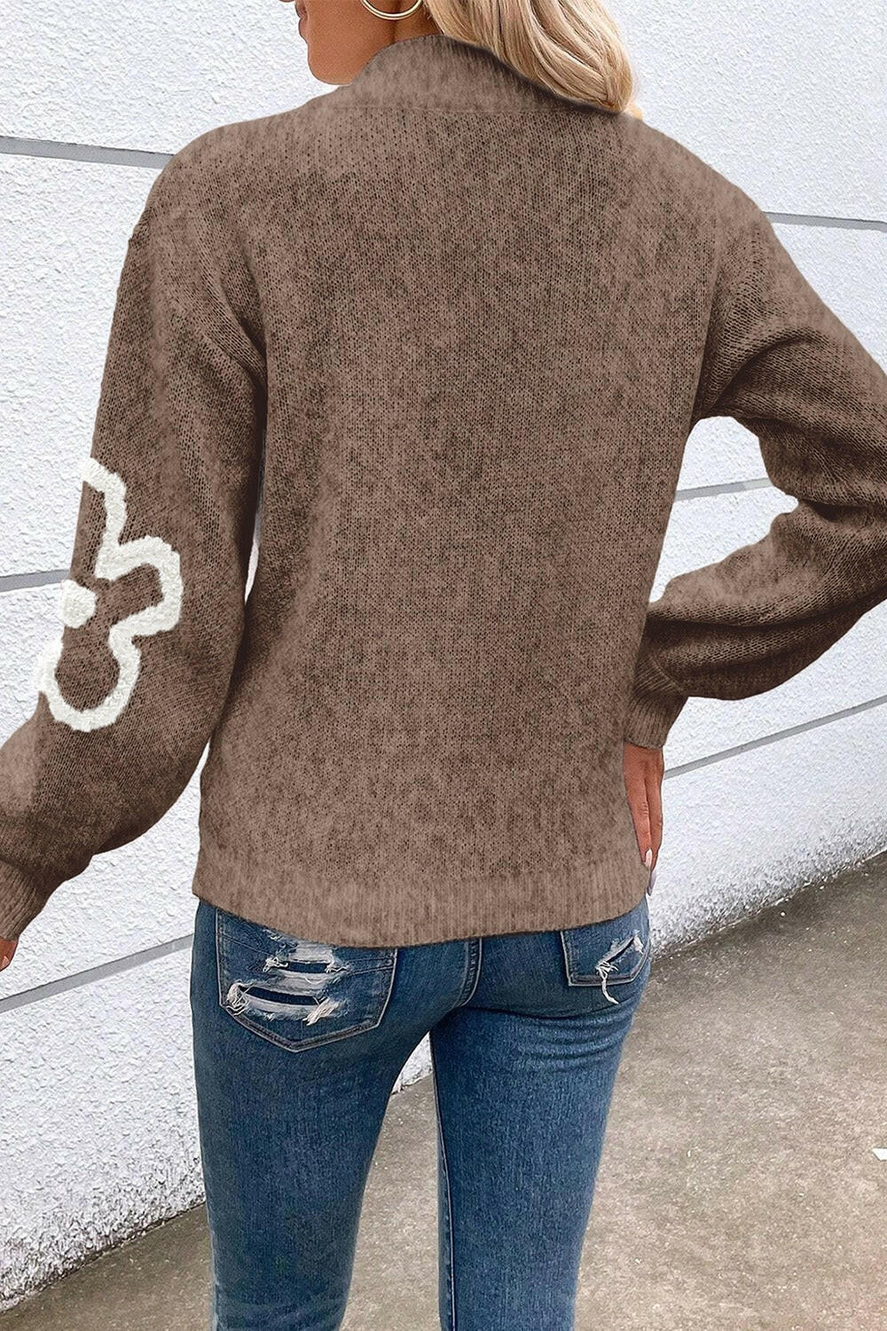 Flower Half Zip Dropped Shoulder Sweater.