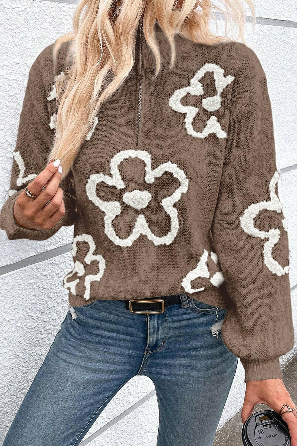 Flower Half Zip Dropped Shoulder Sweater.