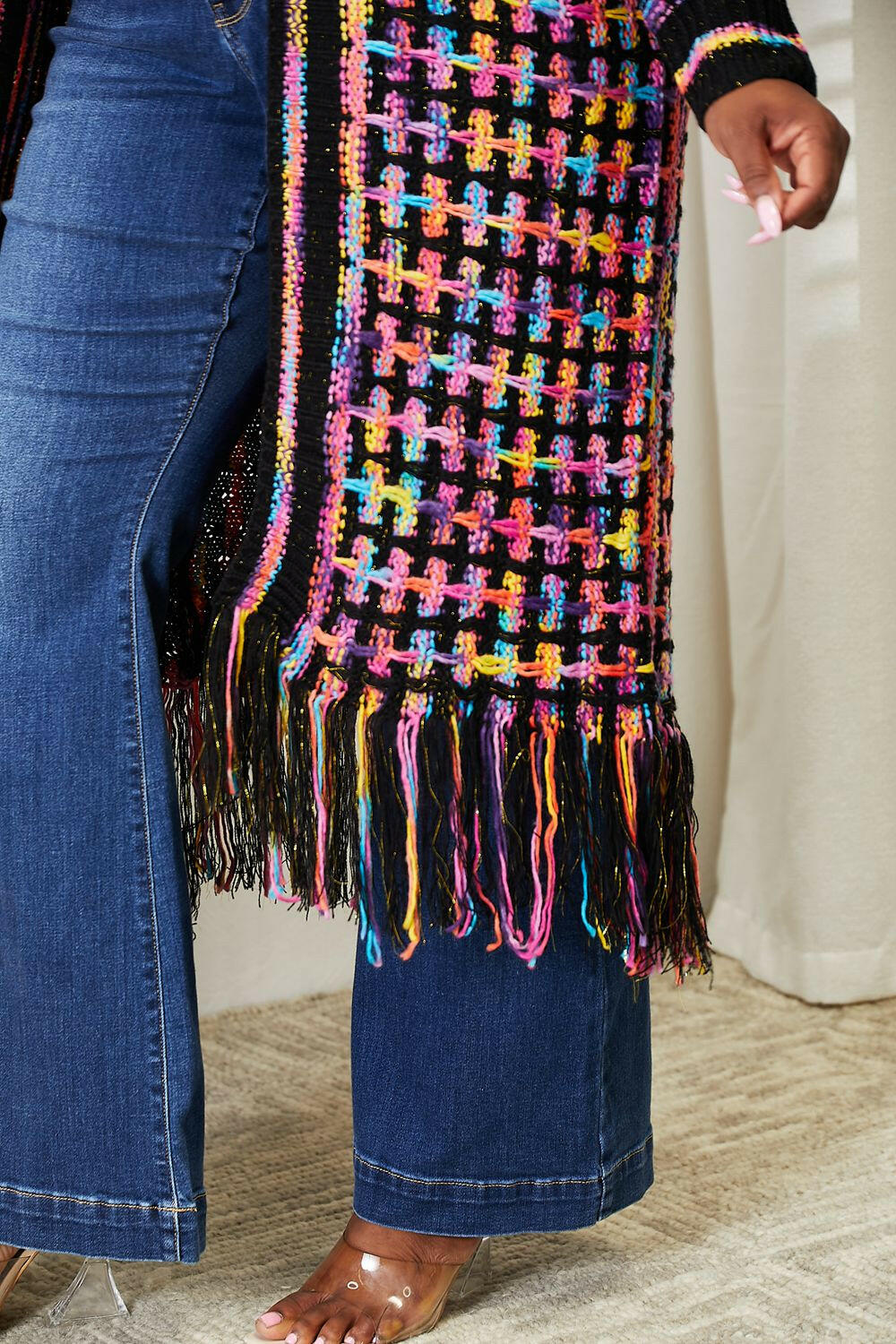 Angel Wings Multicolored Open Front Fringe Hem Cardigan.