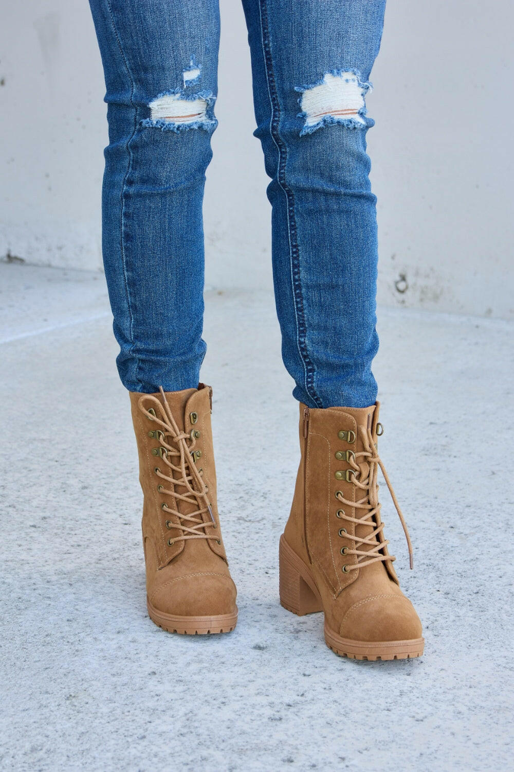 Forever Link Lace-Up Zipper Detail Block Heel Boots.