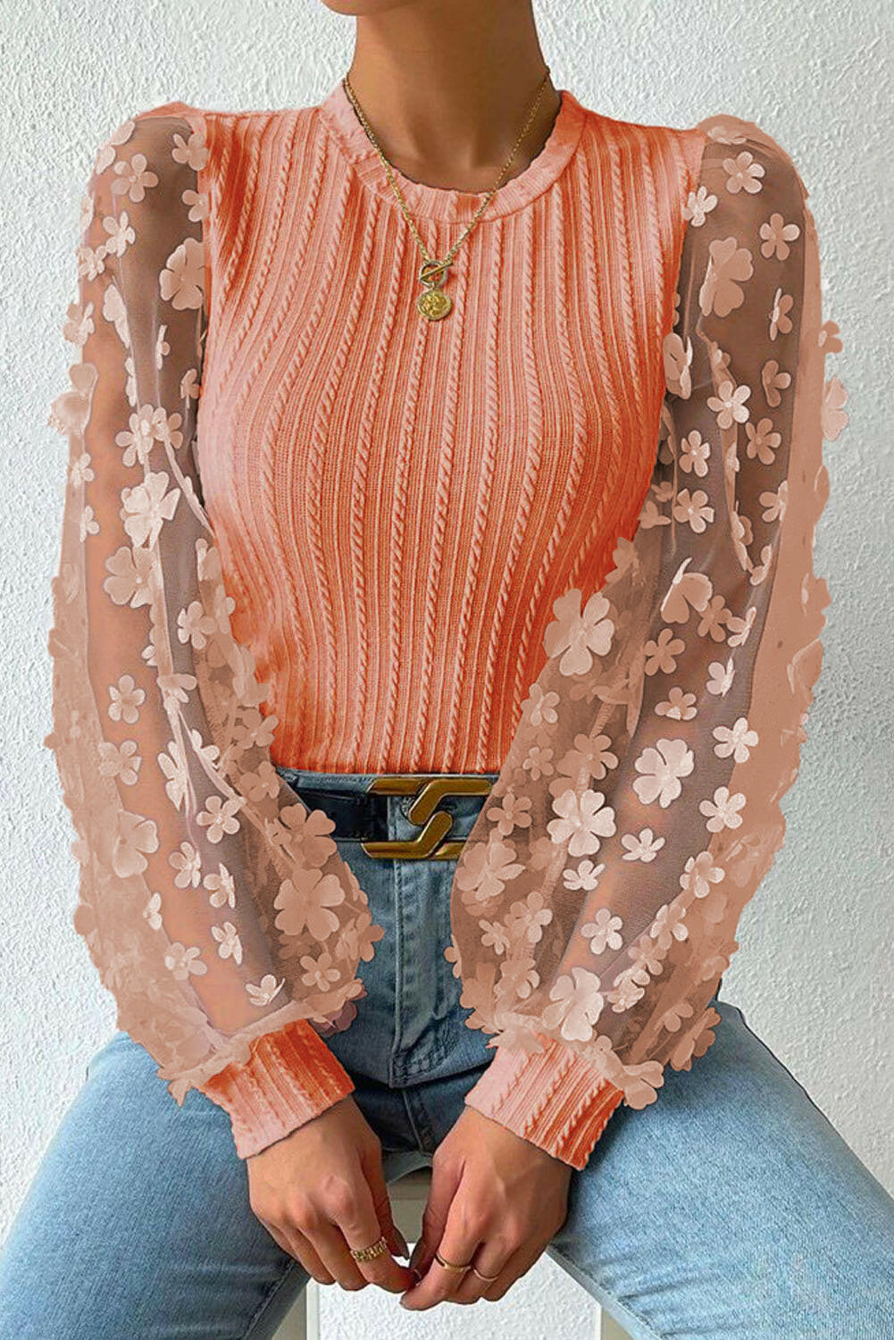 Textured Applique Long Sleeve Blouse.