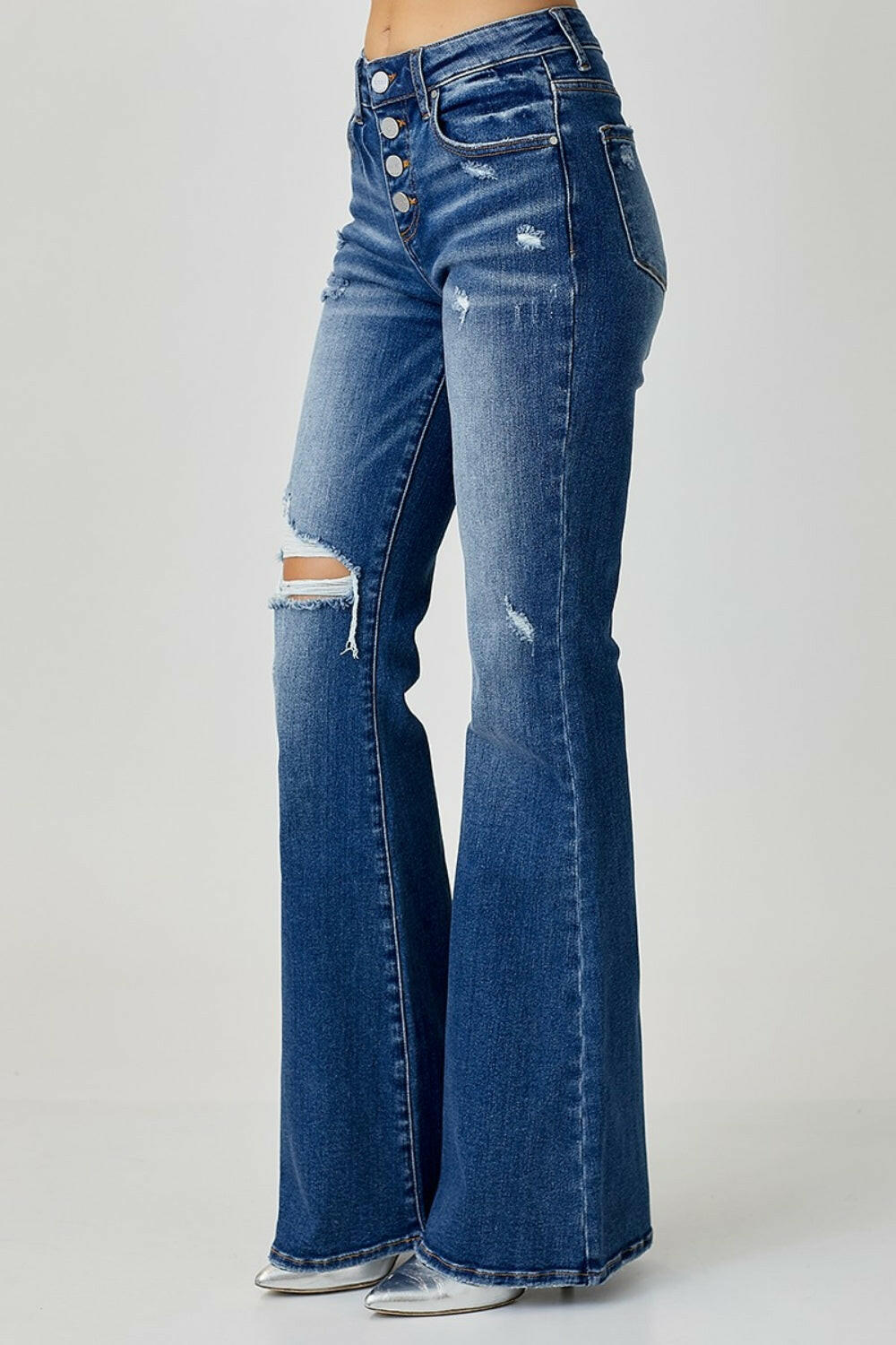 RISEN Distressed Button-Fly Flare Jeans.