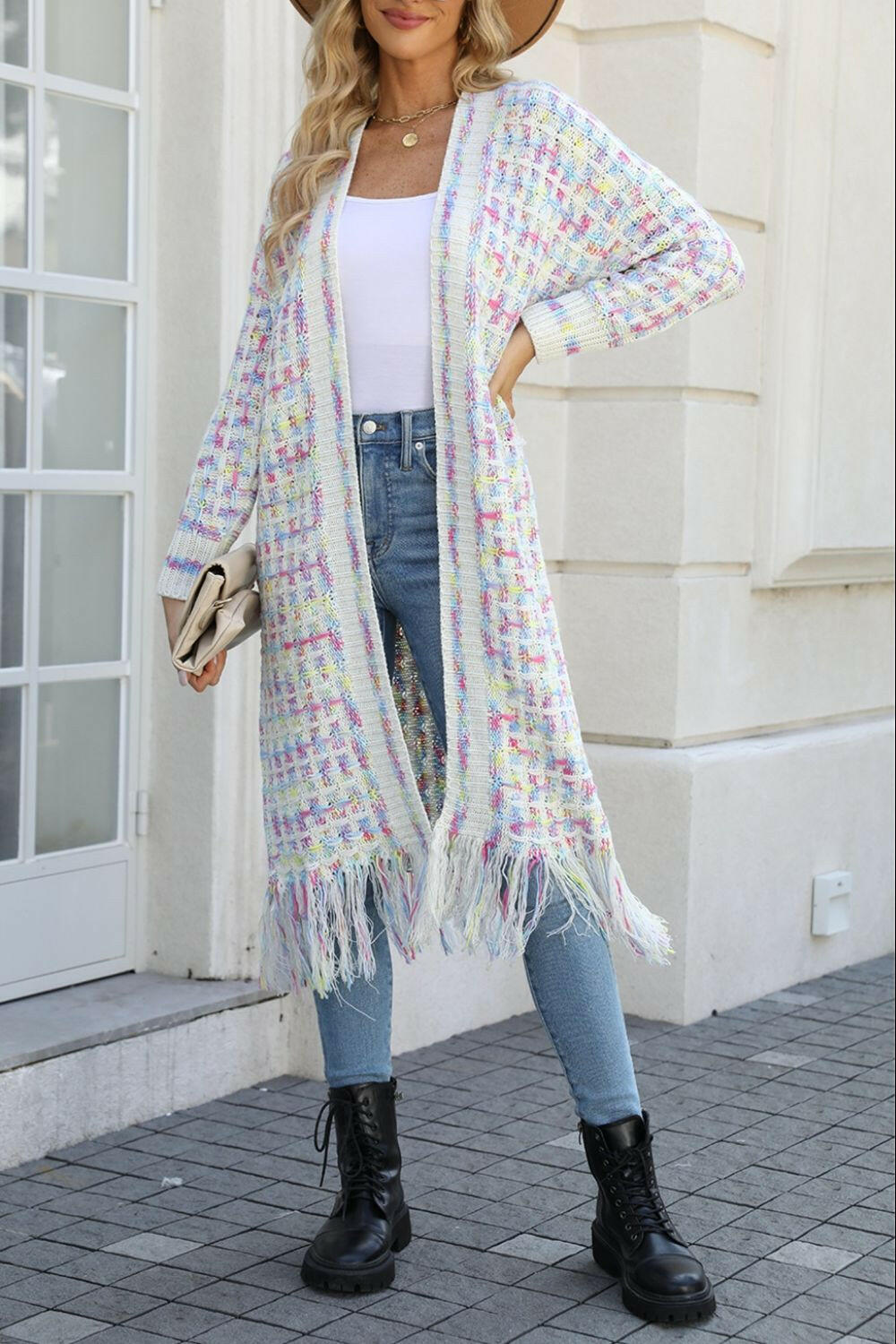 Angel Wings Multicolored Open Front Fringe Hem Cardigan.