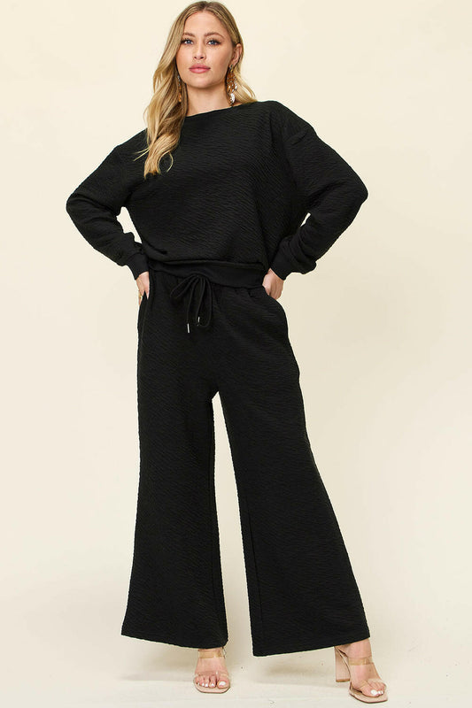 Double Take Textured Long Sleeve Top and Pants Set.