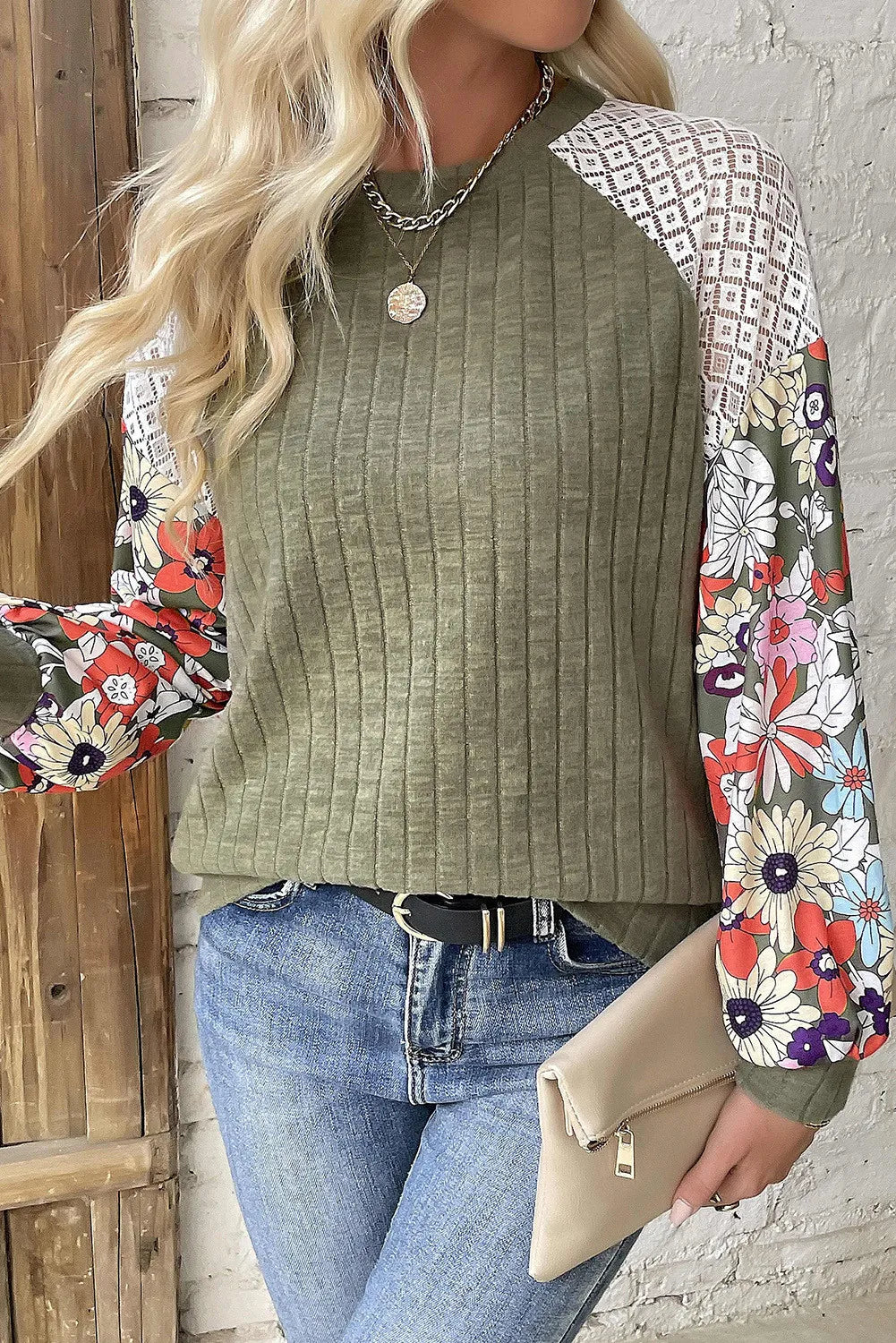 Printed Round Neck Long Sleeve Top.