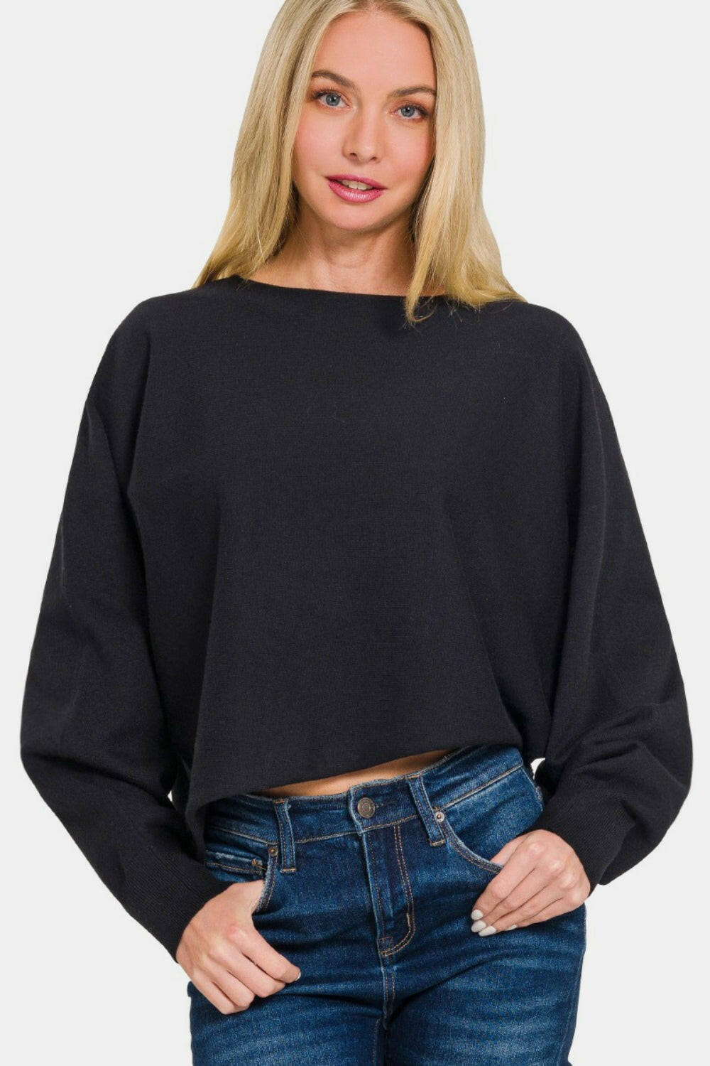 Zenana Asymmetric Hem Long Sleeve Sweater.