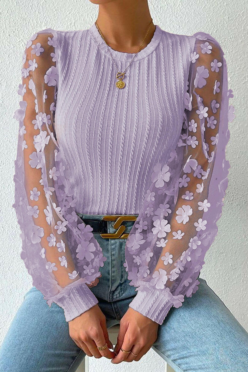 Textured Applique Long Sleeve Blouse.