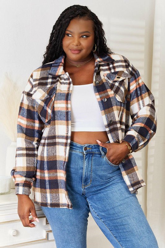 Double Take Plaid Button Front Shirt Jacket.