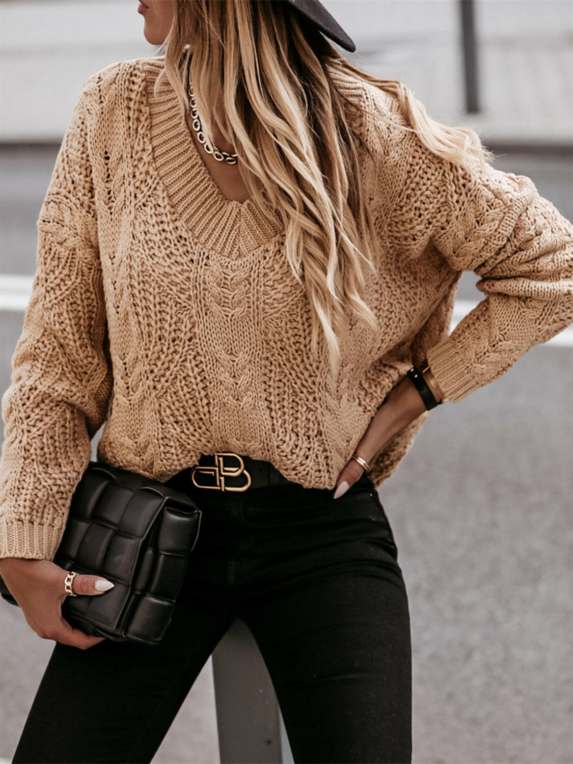 V-Neck Cable-Knit Long Sleeve Sweater.