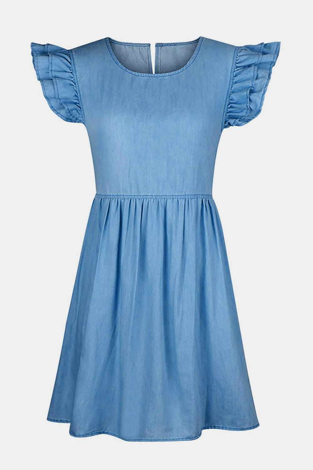 Full Size Ruffled Round Neck Cap Sleeve Denim Dress.