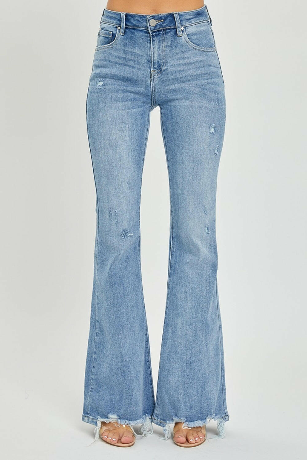 Risen Full Size High Rise Frayed Hem Flare Jeans.