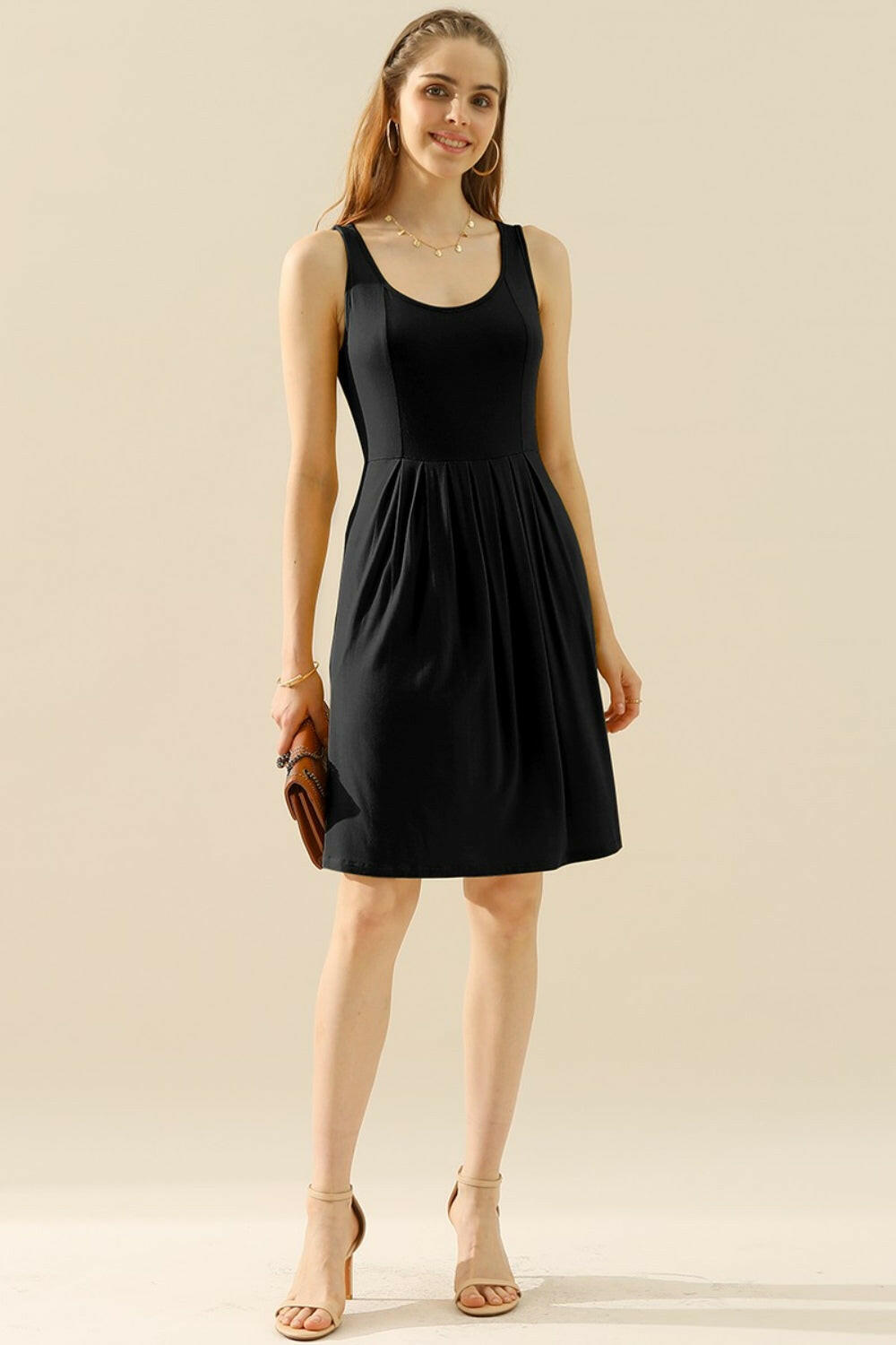 Round Neck Rouched Sleeveless Dress with Pockets.