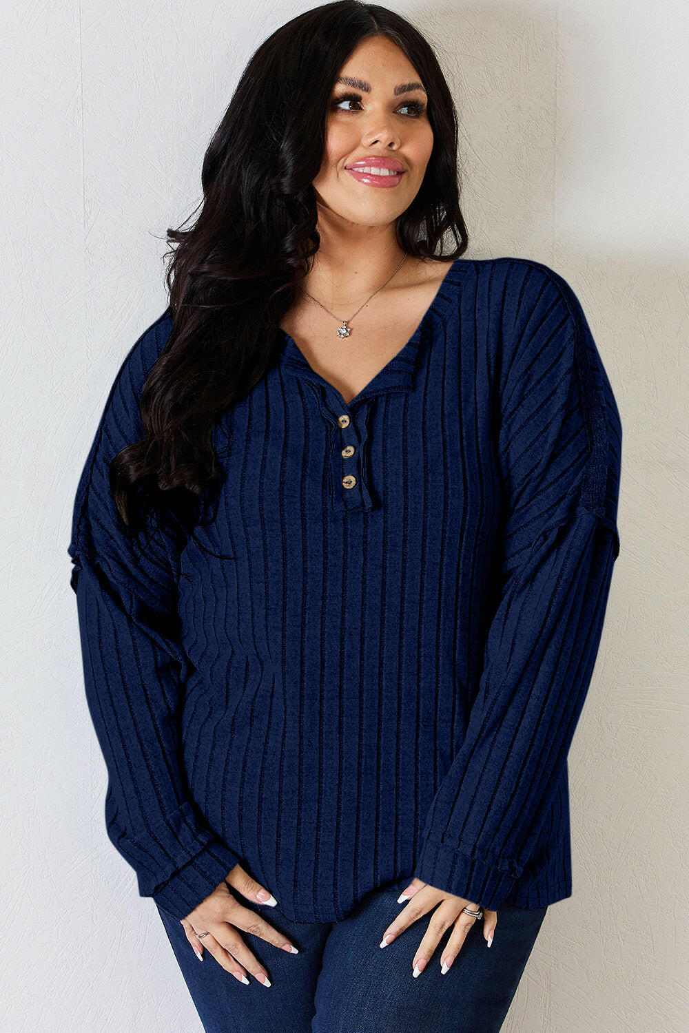 Basic Bae Ribbed Half Button Long Sleeve T-Shirt.