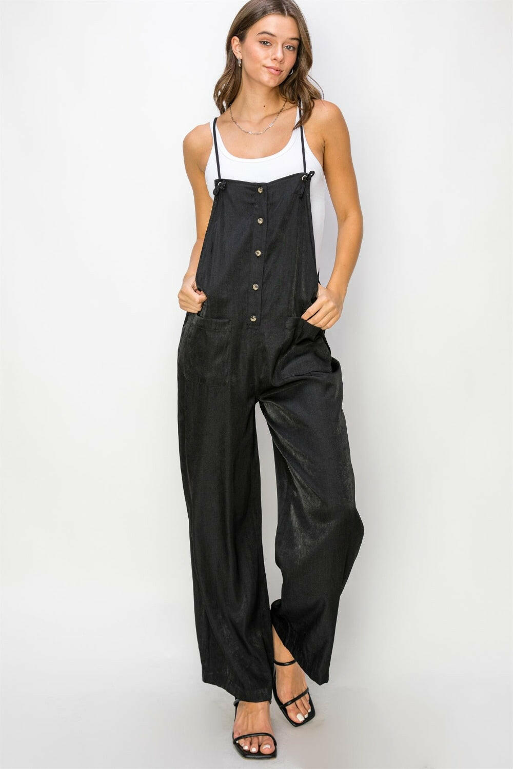 Half Button Sleeveless Straight Jumpsuit.