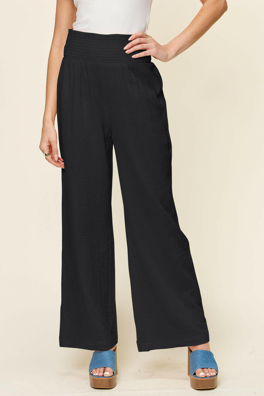 Textured Smocked Waist Wide Leg Pants.