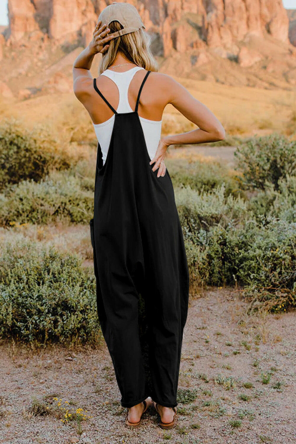 V-Neck Sleeveless Jumpsuit with Pockets.