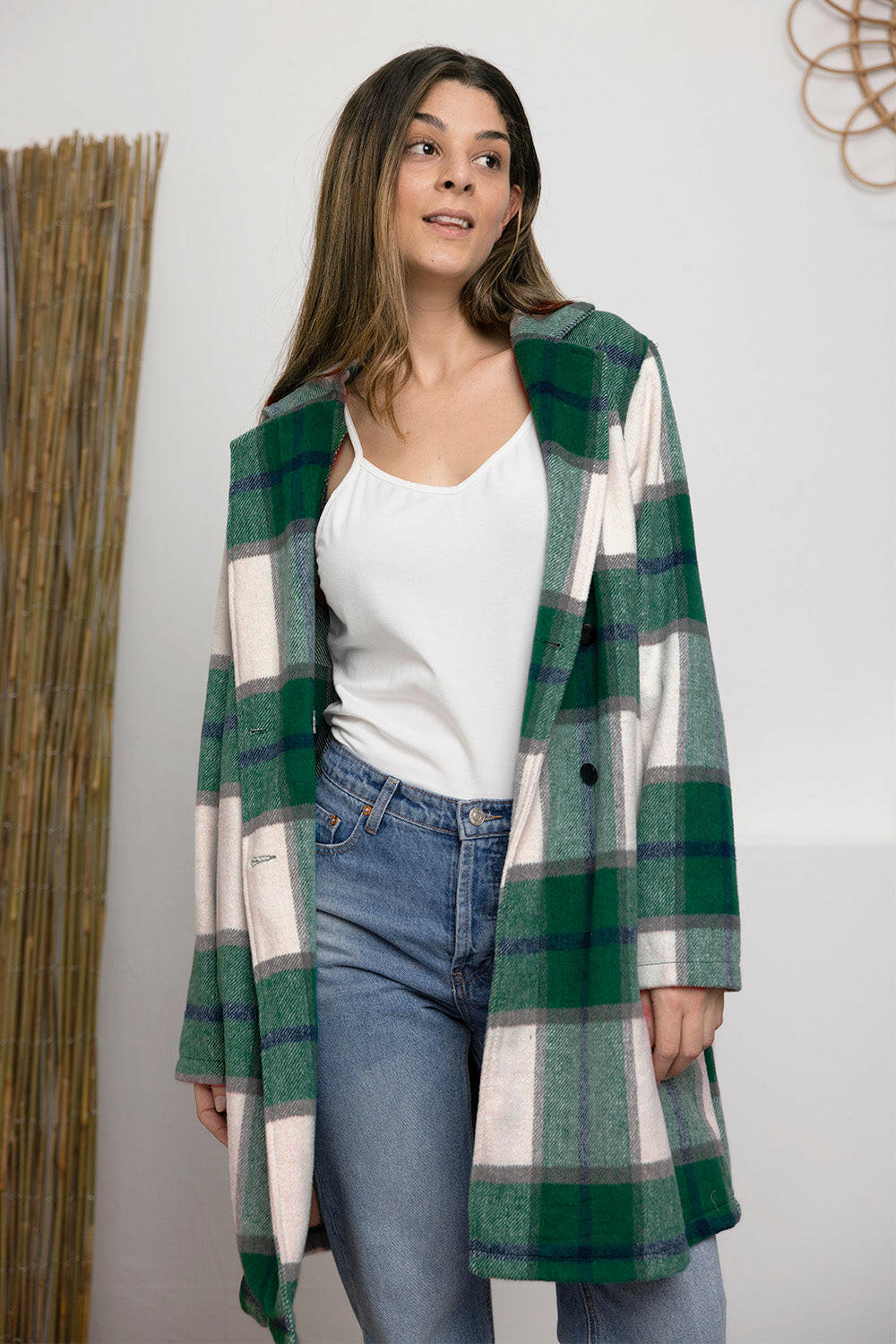 Double Take Plaid Button Up Lapel Collar Coat.