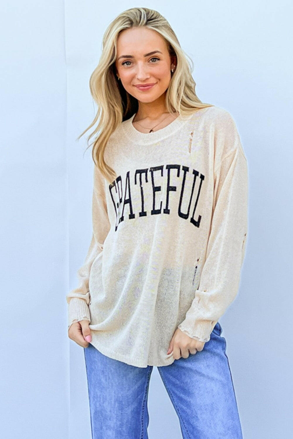 And The Why GRATEFUL Long Sleeve Knit Top.