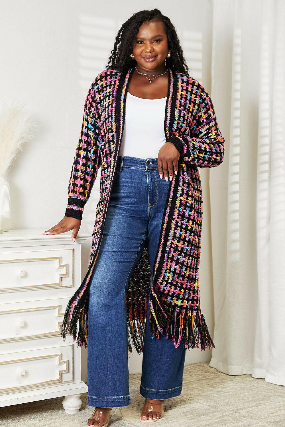 Angel Wings Multicolored Open Front Fringe Hem Cardigan.