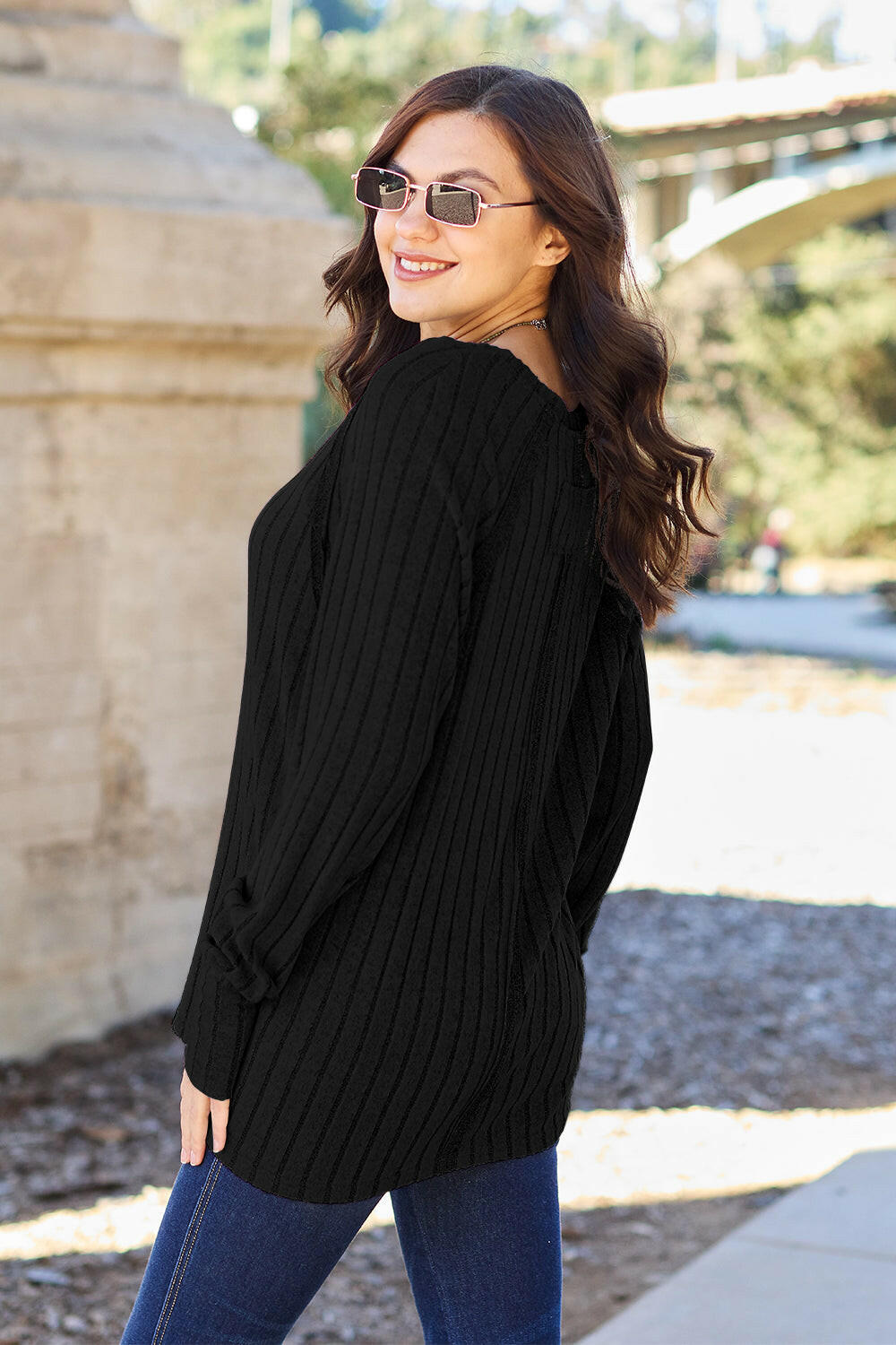 Basic Bae Full Size Ribbed Round Neck Long Sleeve Knit Top.