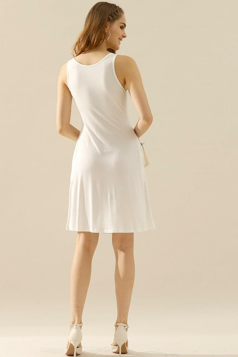 Round Neck Rouched Sleeveless Dress with Pockets.