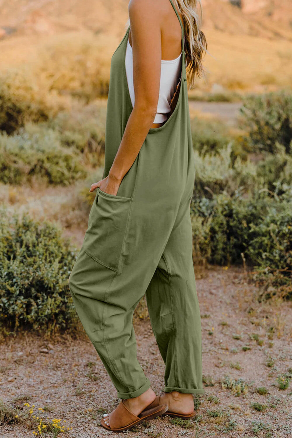 V-Neck Sleeveless Jumpsuit with Pockets.