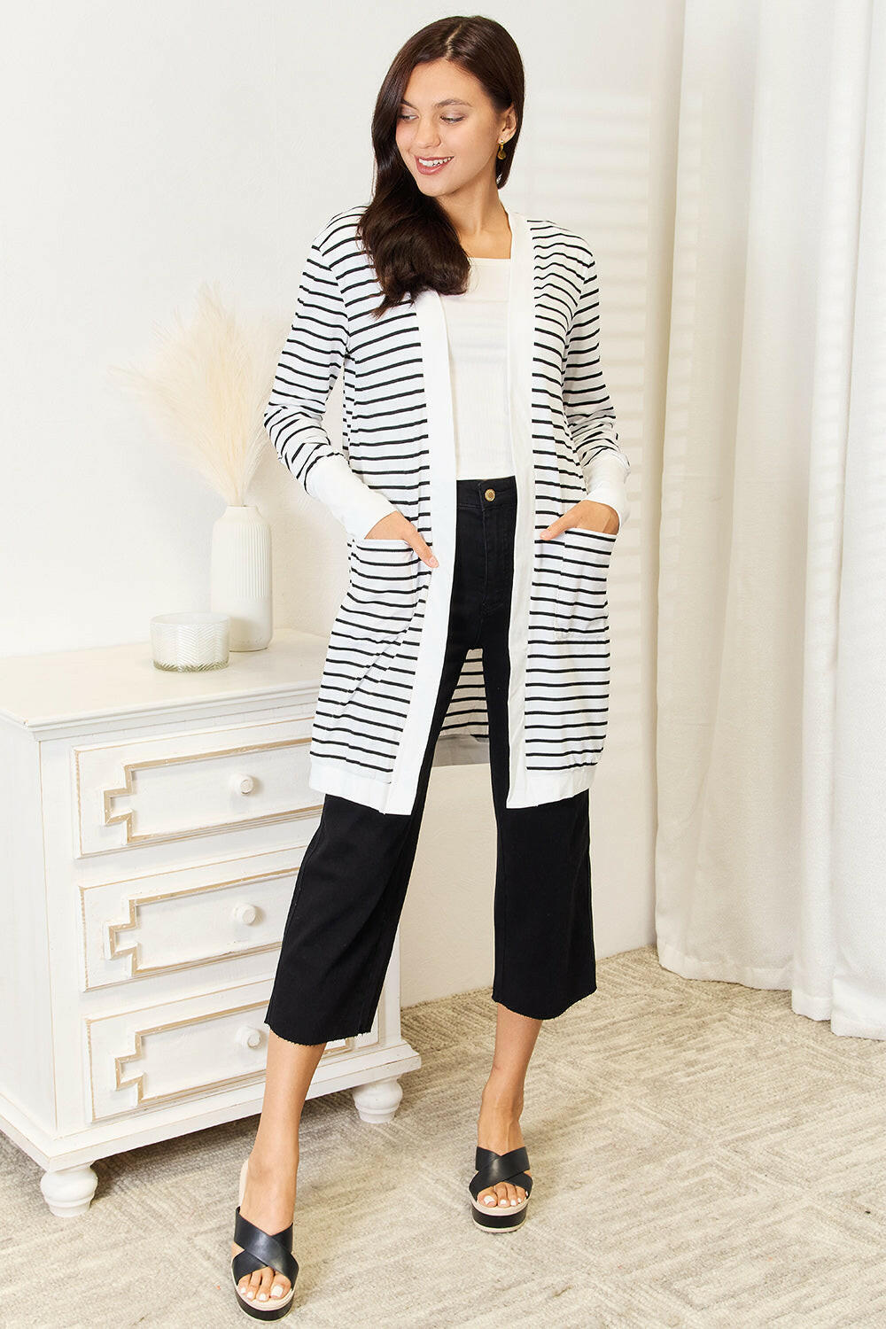 Double Take Striped Open Front Longline Cardigan.