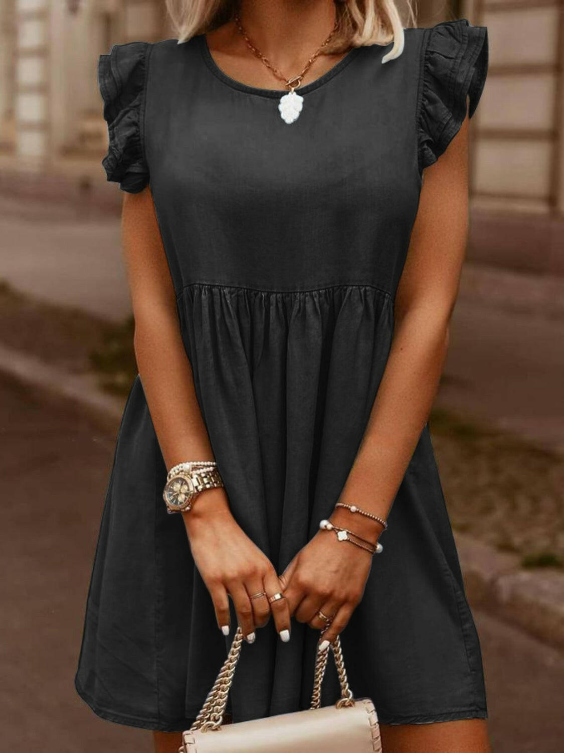 Full Size Ruffled Round Neck Cap Sleeve Denim Dress.