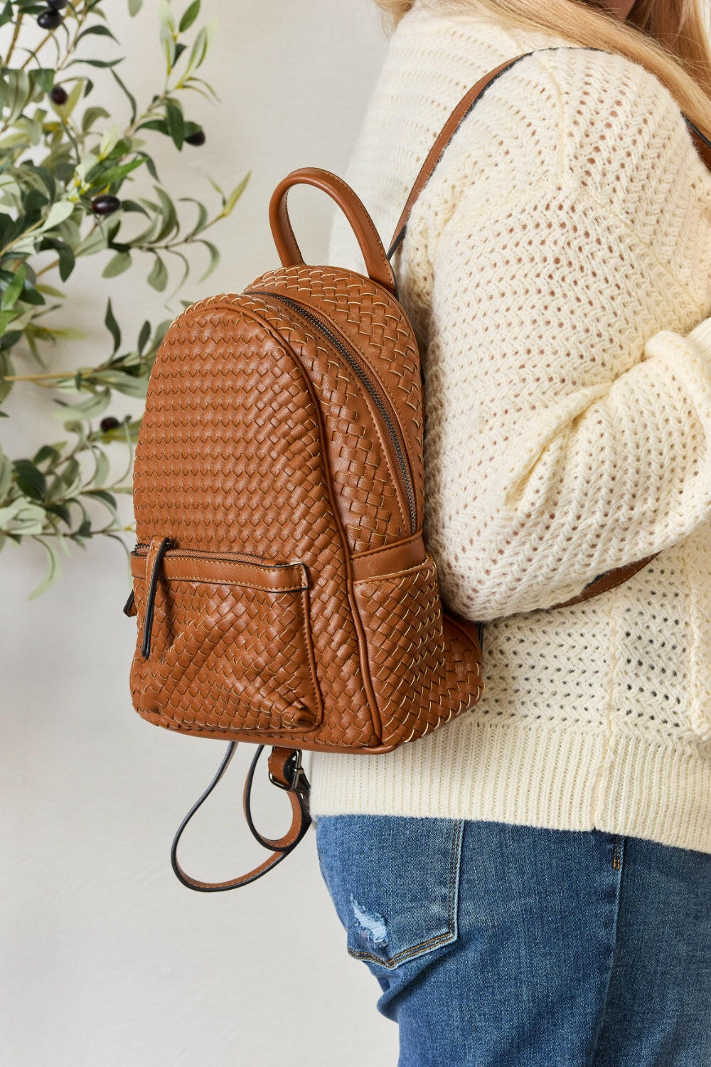 SHOMICO PU Leather Woven Backpack.