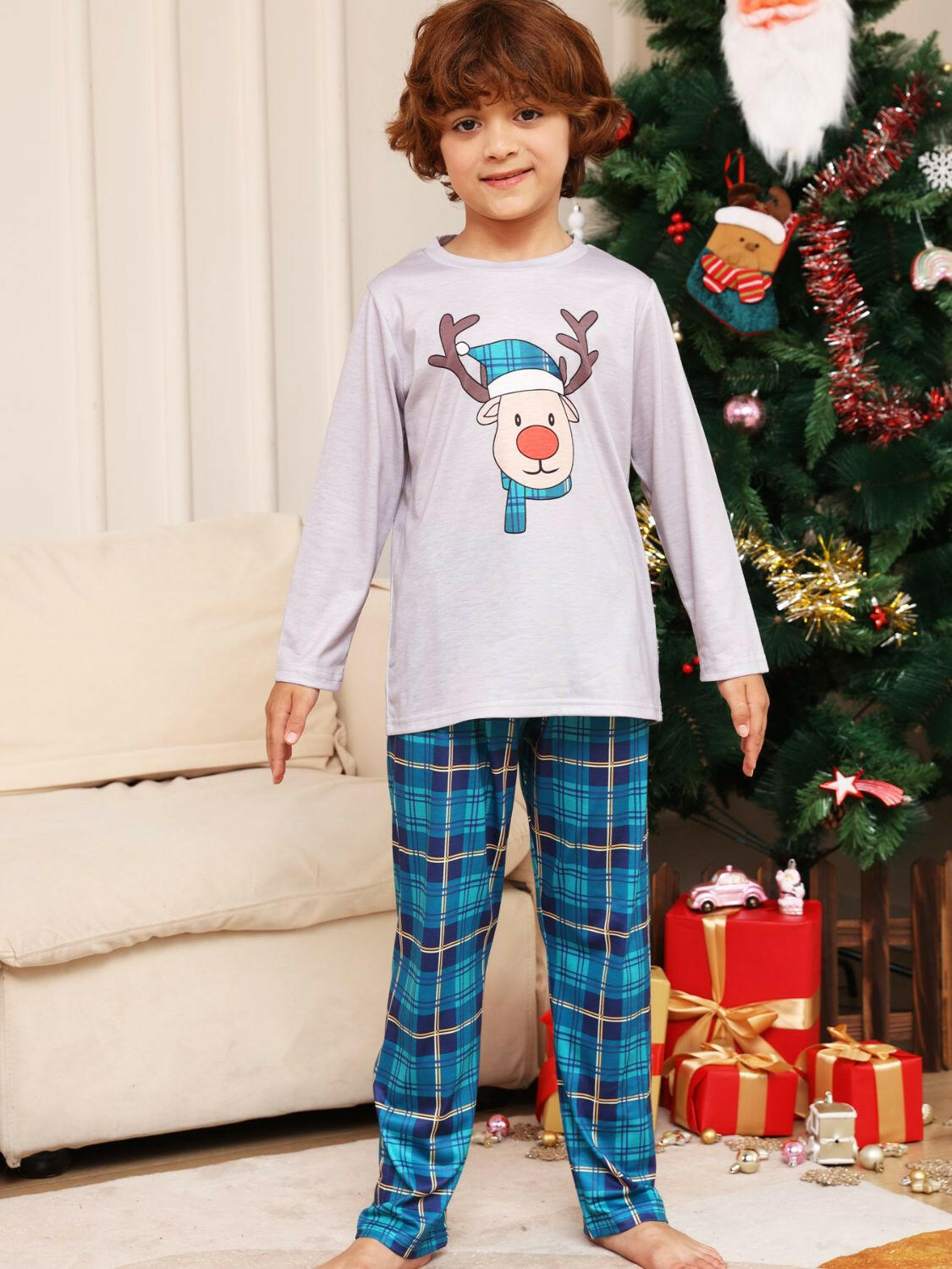 Rudolph Graphic Long Sleeve Top and Plaid Pants Set.