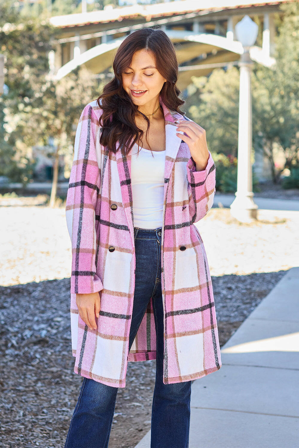 Double Take Plaid Button Up Lapel Collar Coat.