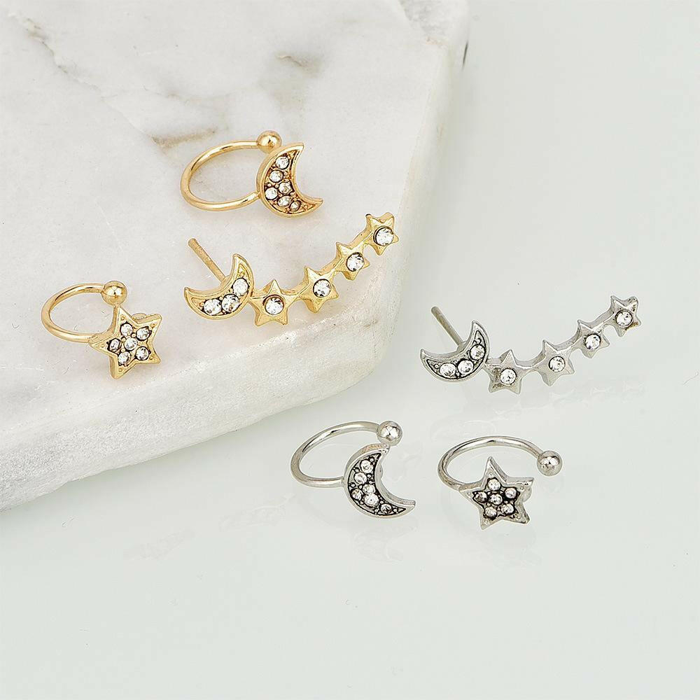 Lunar Elegance Earring and Cuff Set: Celestial Charm for the Modern Muse - Asymmetrical Design with Crystal Accents.