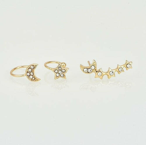 Lunar Elegance Earring and Cuff Set: Celestial Charm for the Modern Muse - Asymmetrical Design with Crystal Accents.