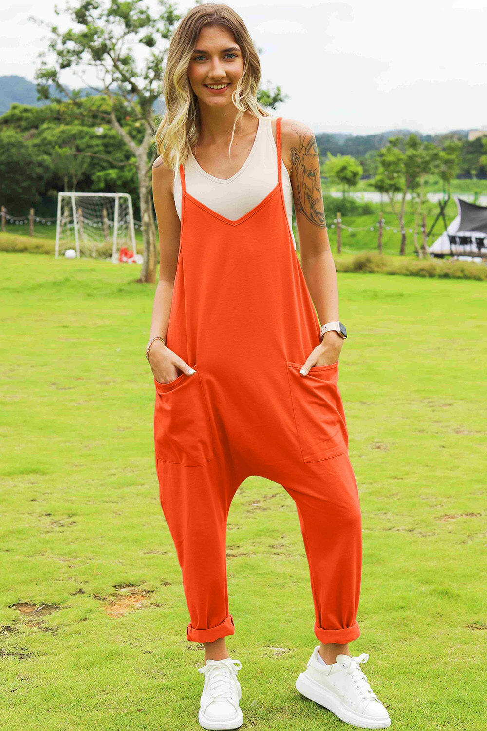 Sleeveless V-Neck Pocketed Jumpsuit.