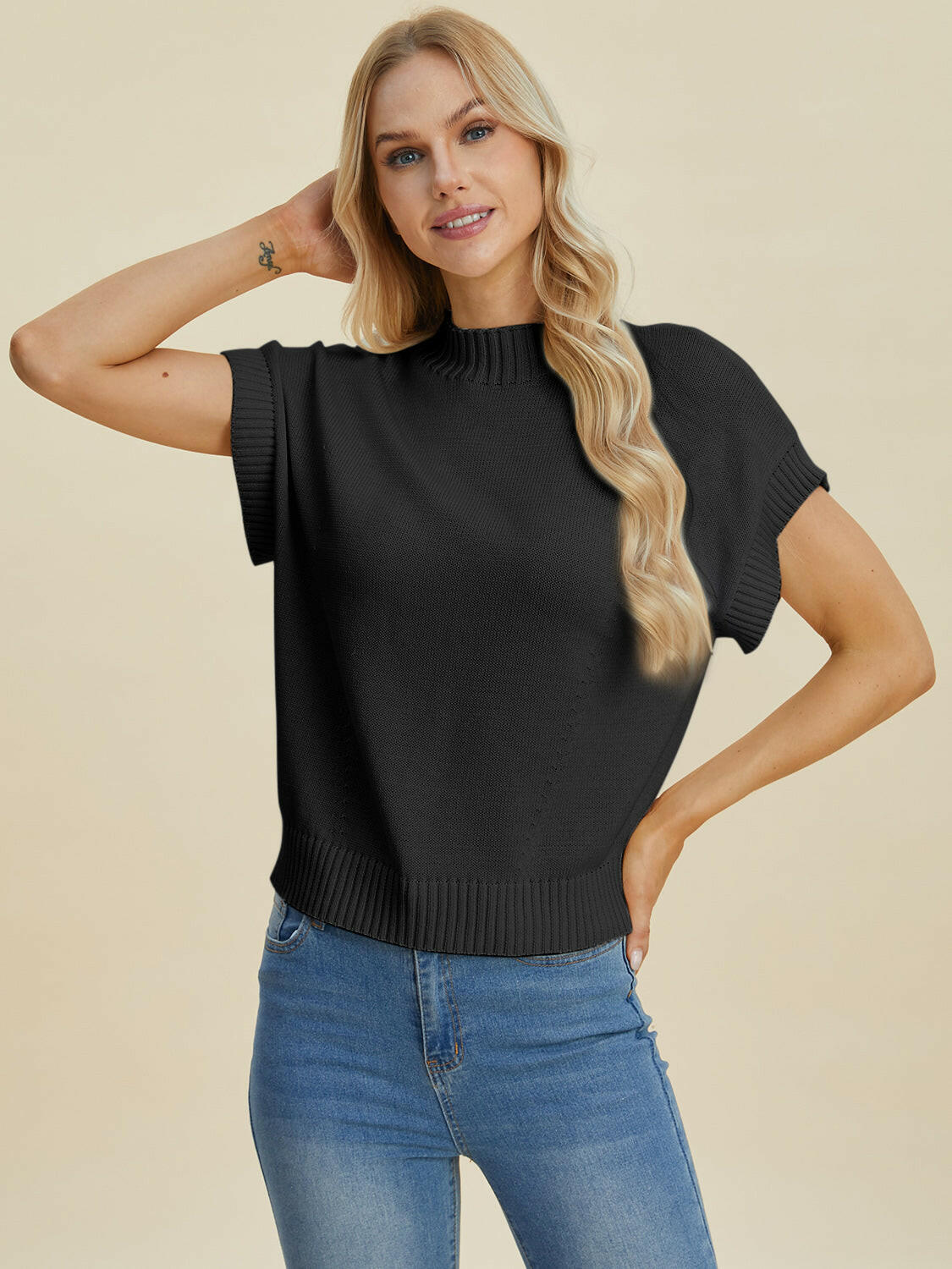 Double Take Mock Neck Short Sleeve Sweater.