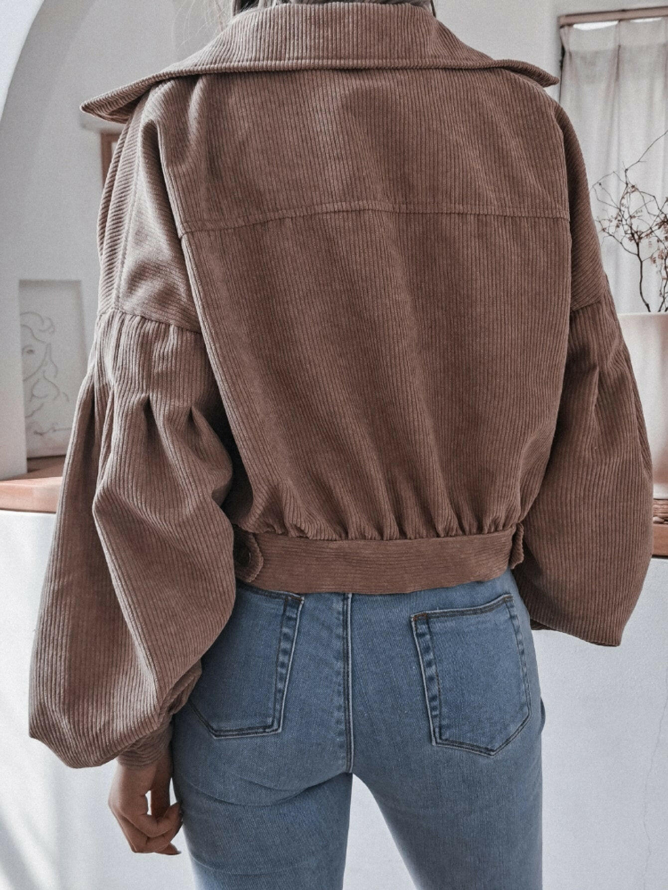 Double Take Lantern Sleeve Cropped Corduroy Jacket.