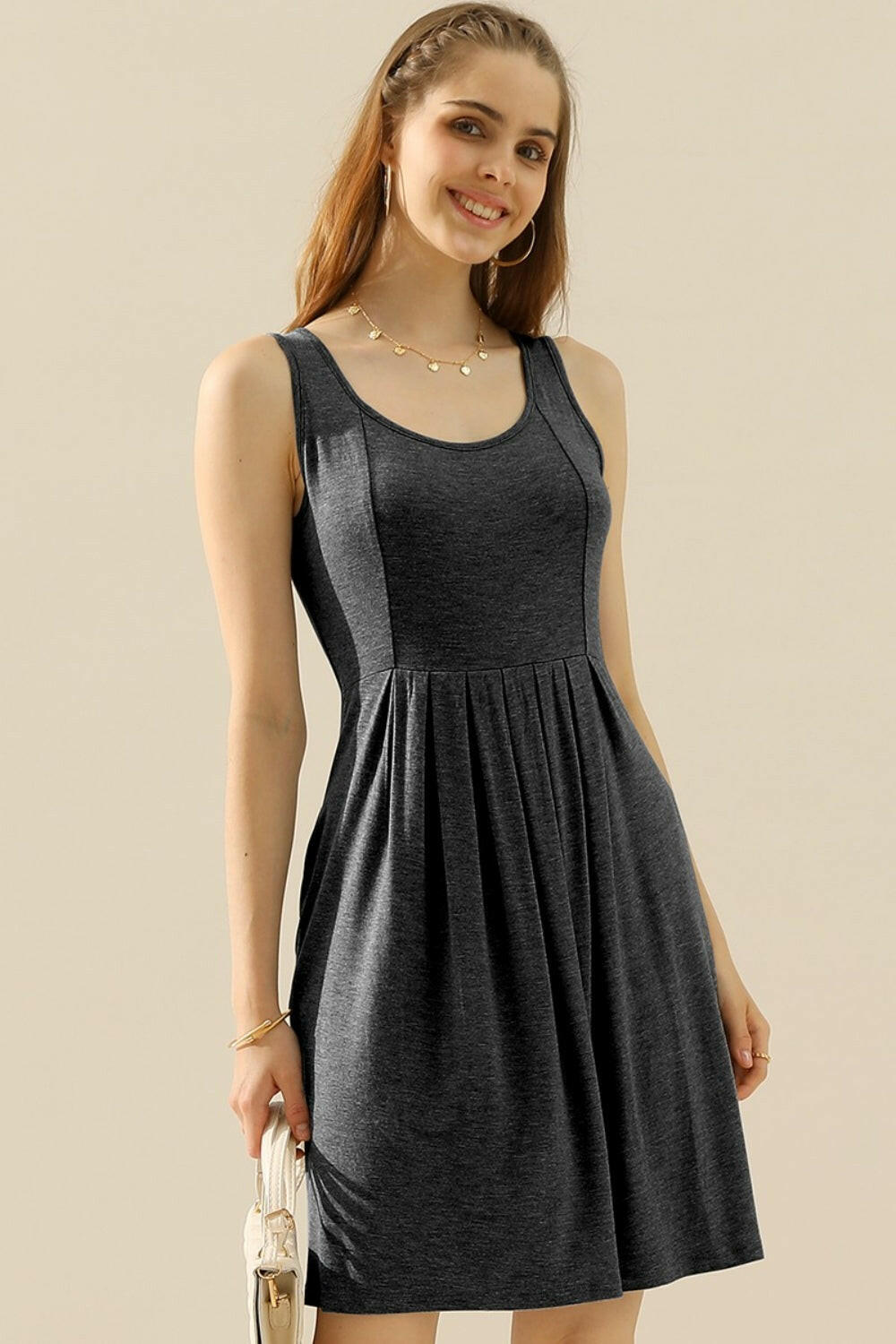 Round Neck Rouched Sleeveless Dress with Pockets.