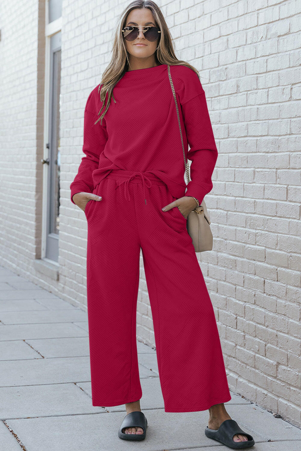 Textured Long Sleeve Top and Drawstring Pants Set.