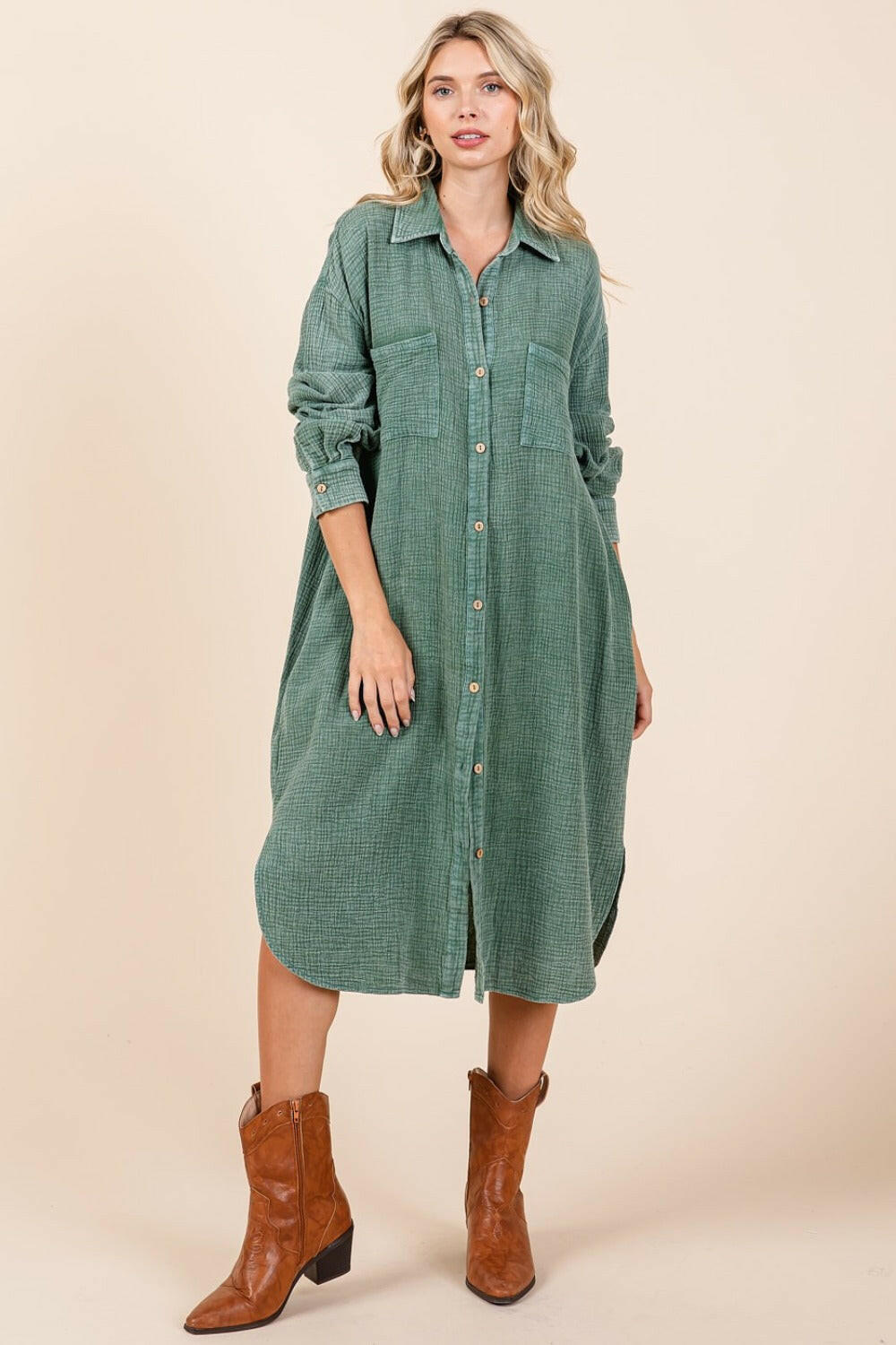 Mittoshop Mineral Wash Cotton Gauze Midi Shirt Dress