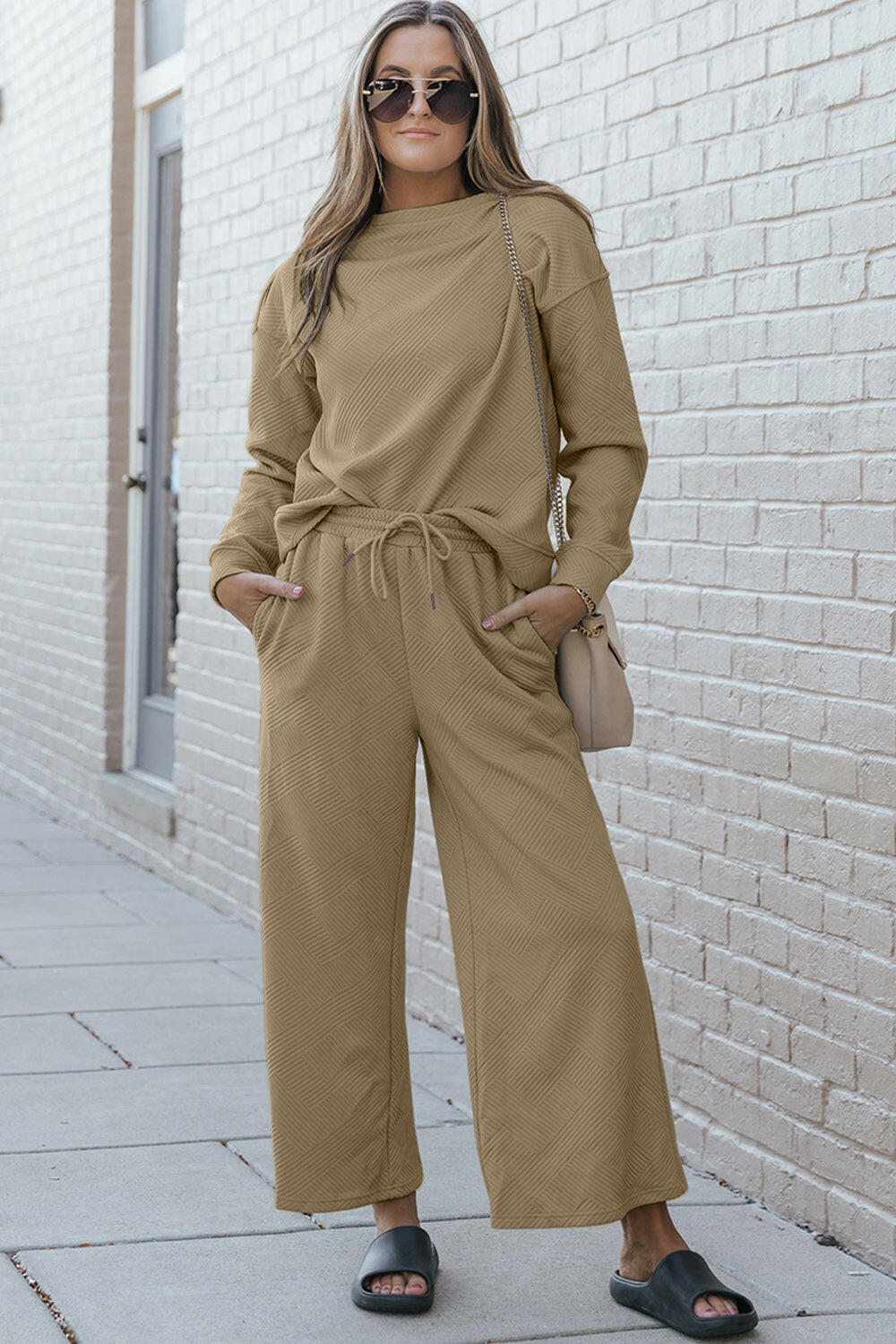 Textured Long Sleeve Top and Drawstring Pants Set.